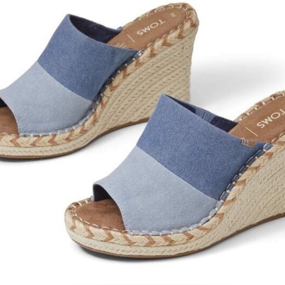 Toms Monica Mule Womens Blue Canvas Slip On 4” Heel Espadrille Wedges 9 NEW - Picture 2 of 12